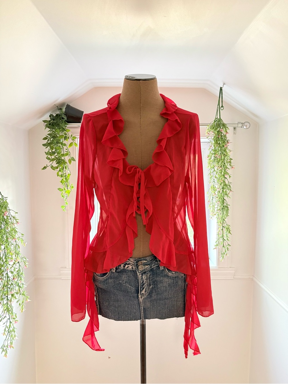 Red Ruffle Tie-Front Sheer Blouse - Women Tops